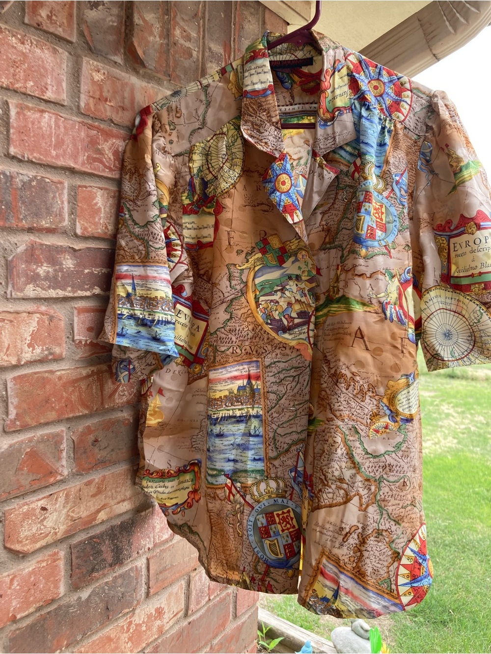 Map-Print Button-Up Blouse in Beige and Multicolor - Picture 10 of 10